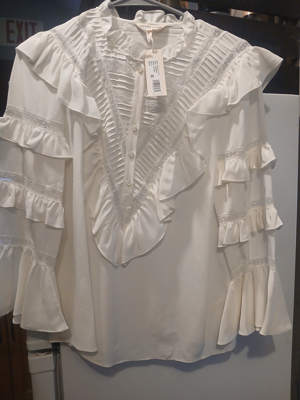 Rebecca Taylor Cream Ruffle V-Neck Pintuck Blouse